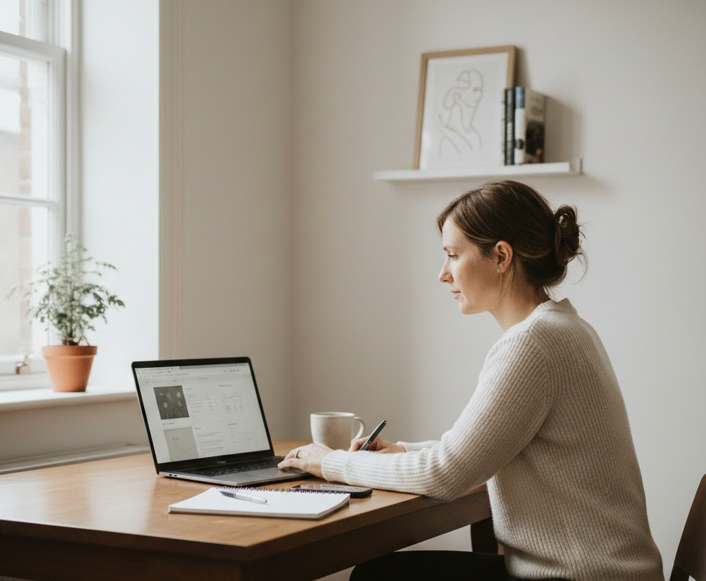 Woman working on a laptop, seated at a desk in front of a large window with natural light streaming in