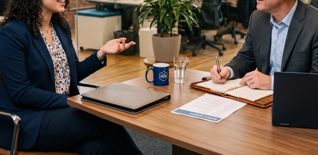 Two professionals engaged in a meeting at an office desk